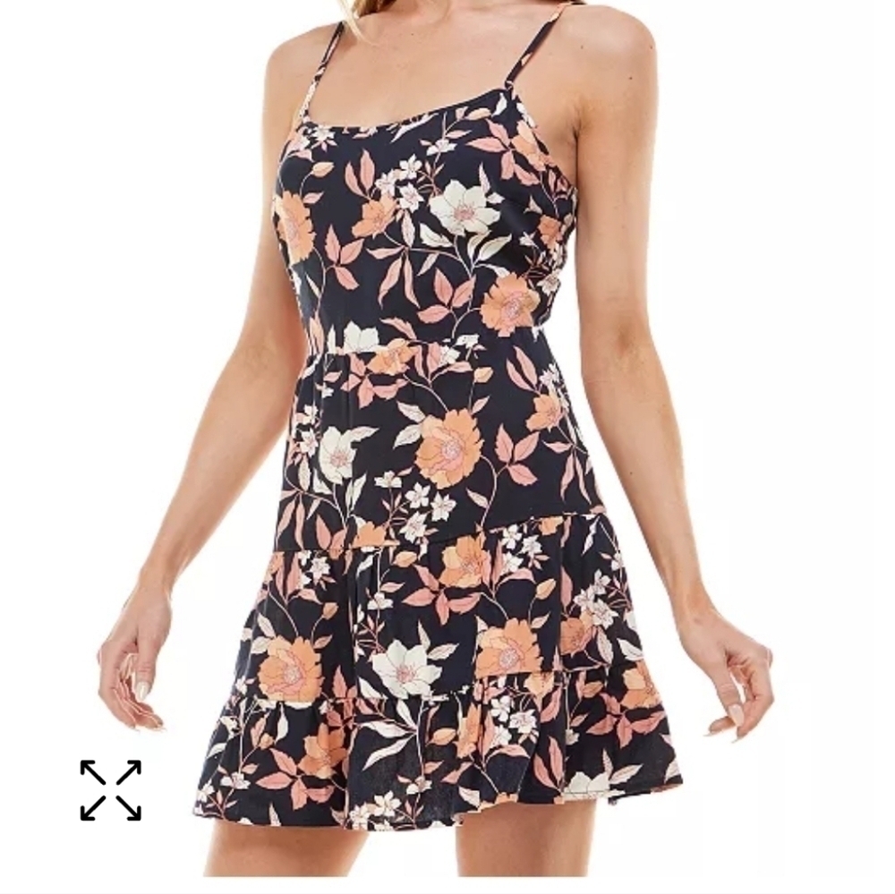 Speechless Junior's Floral Printed Linen Blend Tie-Back Fit Flare Dress Size S